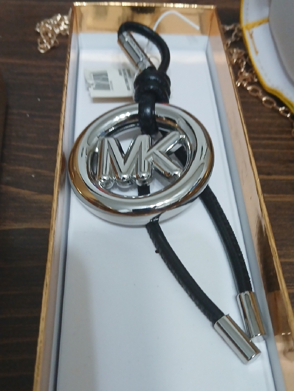 Michael Kors Silver Or Gold MK Logo Black Leather Tassel Charm Choice Of 1
